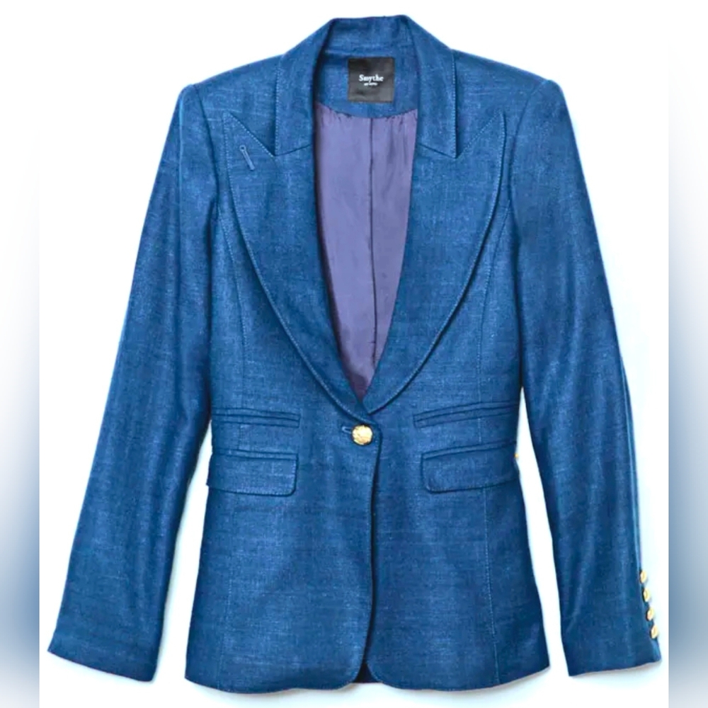 EUC Smythe women's single-breasted textured peak lapel blazer, royal blue size 6